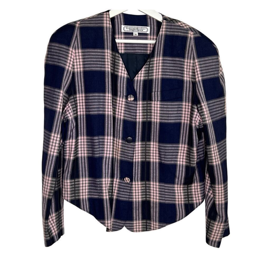 Carolina Herrera Collection II Vintage Plaid Button Up Blazer Navy/Pink 14